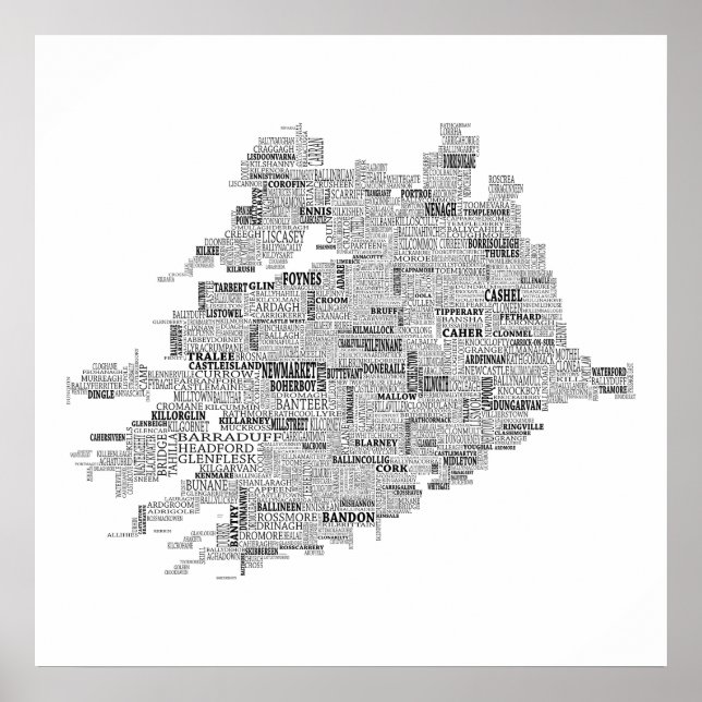 Black Typographical Map of Munster, Ireland Poster (Front)
