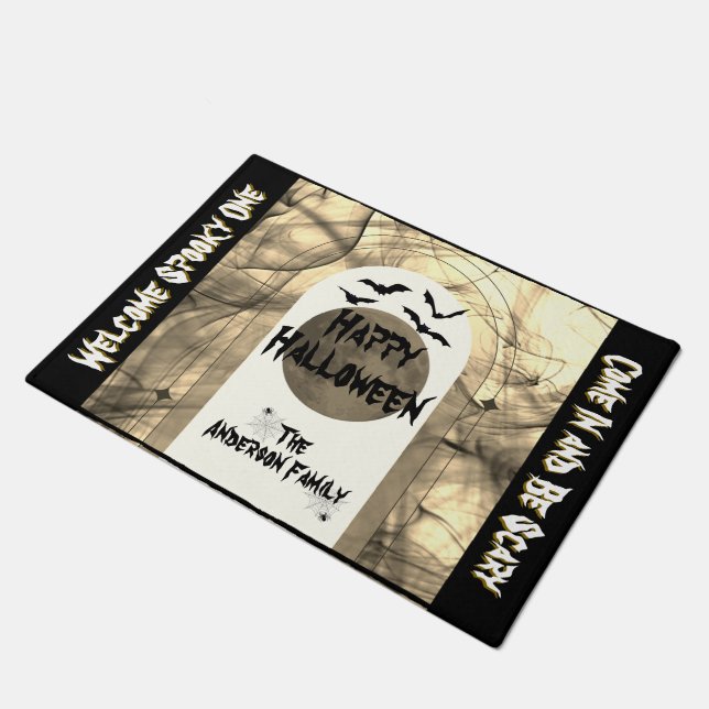 Black Typography Bats Spider Moon Happy Halloween Doormat (Angled)
