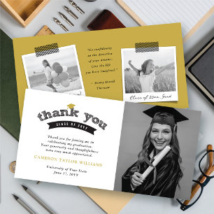 Black Typography Bold Sketch Graduation Cap Photo Thank You Card