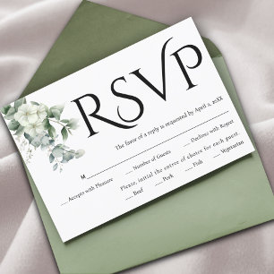 Black typography, eucalyptus branch, white flowers RSVP card