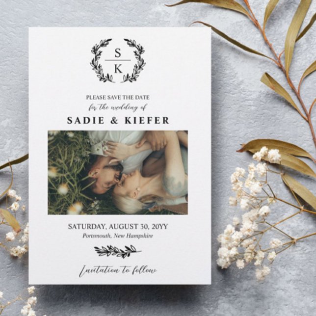 Black Typography Laurel Wreath Monogram Photo Save The Date (Creator Uploaded)