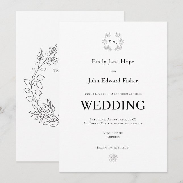 Black Typography/Leaf Monogram Initials Wedding Invitation (Front/Back)