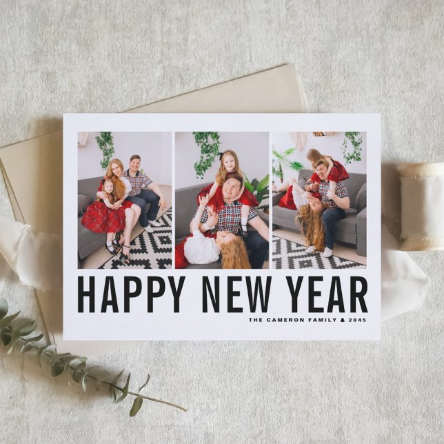 Black Typography Photo Collage Happy New Year Holiday Card (Send new year cheer with this customizable black and white three-photo-collage Happy New Year Card. )