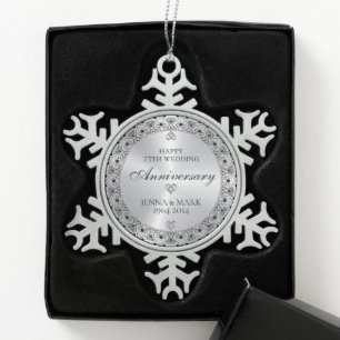 Black Typography Silver Grey 25th Anniversary Snowflake Pewter Christmas Ornament