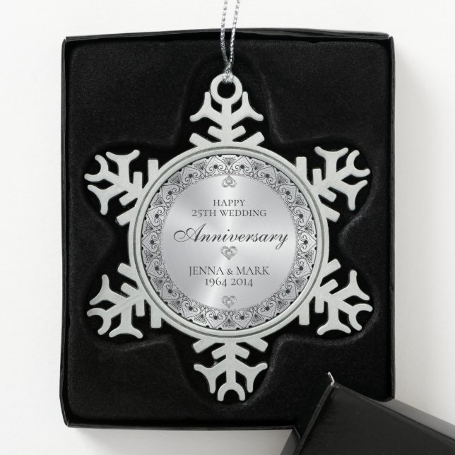 Black Typography Silver Grey 25th Anniversary Snowflake Pewter Christmas Ornament (Box)