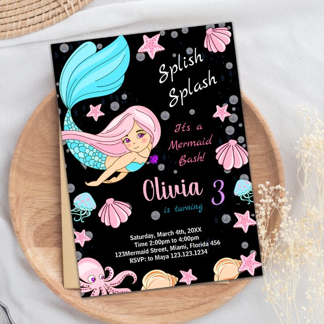 Black Under the sea Mermaid Birthday Invitations (Black Under the sea Mermaid Birthday Invitations)