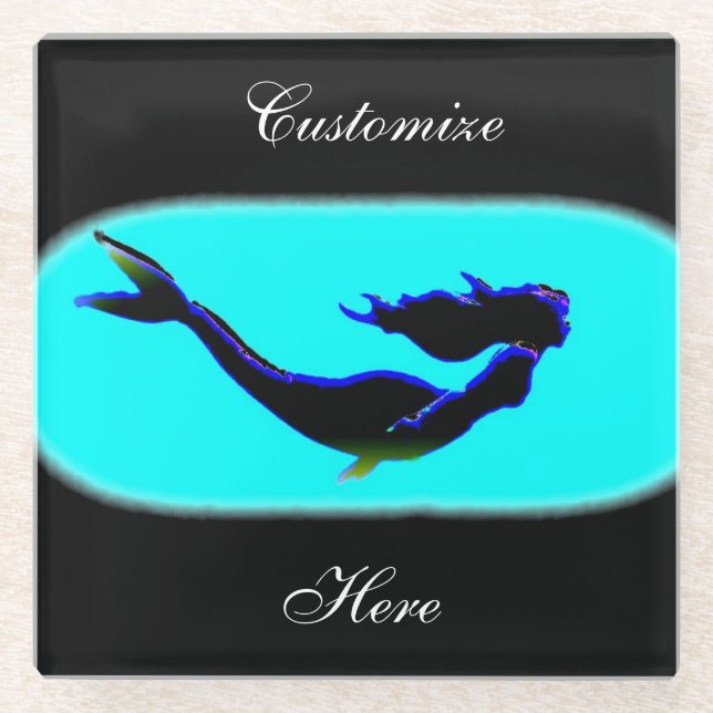 black underwater mermaid  glass coaster (Front)