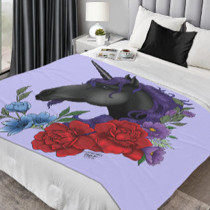 Black Unicorn and Flowers Fleece Blanket