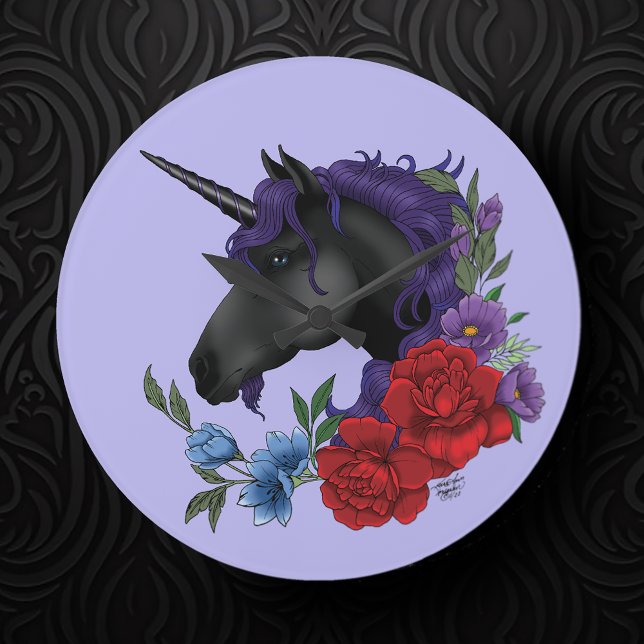 Black Unicorn and Flowers Large Clock (Creator Uploaded)