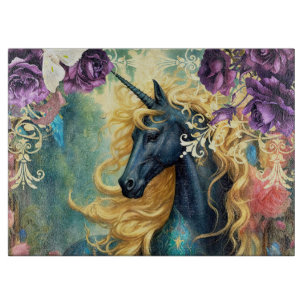 Black Unicorn and Purple Roses Cutting Board