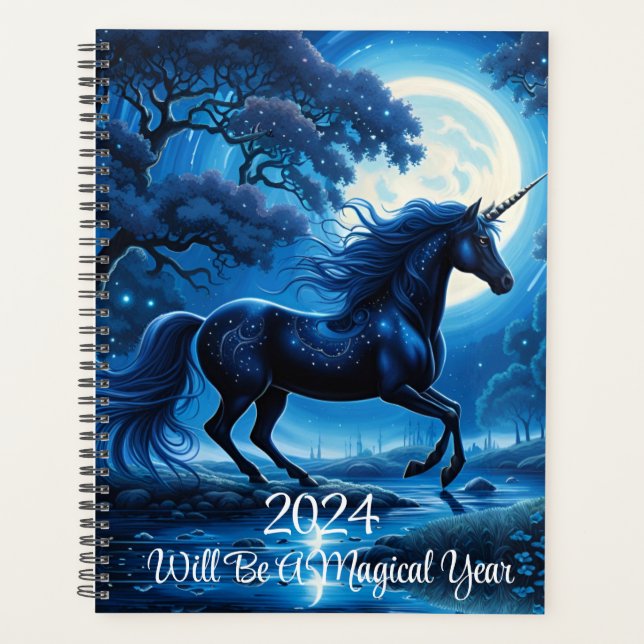 Black Unicorn Blue Sky Full Moon Magical Planner (Front)