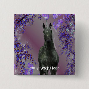 Black Unicorn Flowers Fantasy Button