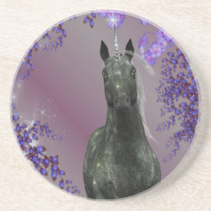 Black Unicorn Flowers Fantasy Drink Coaster