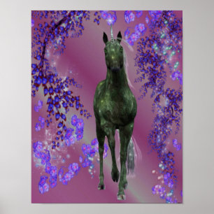 Black Unicorn Flowers Fantasy Horse Poster