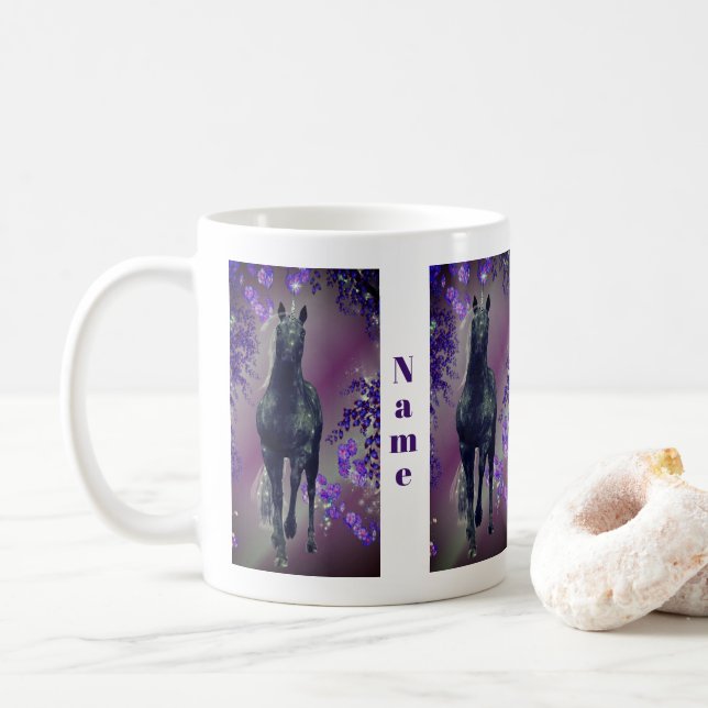 Black Unicorn Flowers Fantasy Personalised Coffee Mug (With Donut)