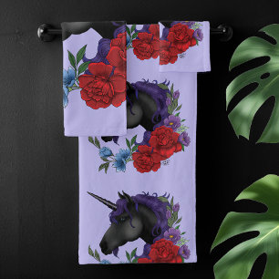 Black Unicorn Flowers Purple Bath Towel Set