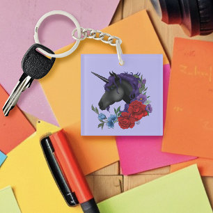 Black Unicorn Flowers Purple Key Ring