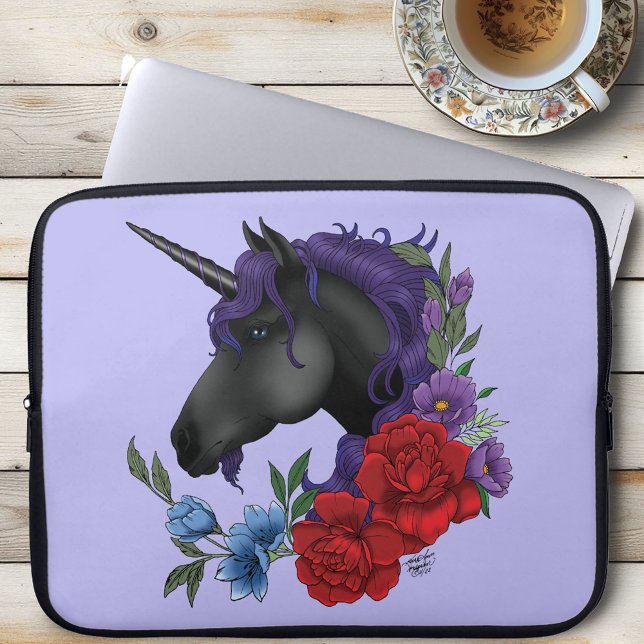 Black Unicorn Flowers Purple Laptop Sleeve (Creator Uploaded)