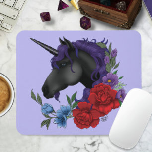 Black Unicorn Flowers Purple Mouse Mat