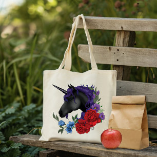 Black Unicorn Flowers Purple Tote Bag