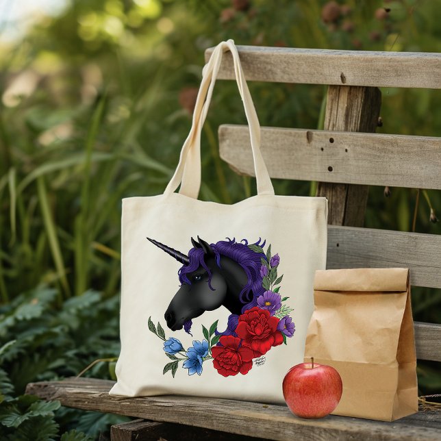 Black Unicorn Flowers Purple Tote Bag (Creator Uploaded)