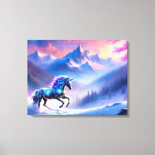 Black Unicorn in a Dreamy Winter Landscape Canvas Print