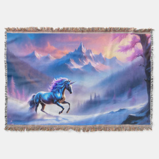 Black Unicorn in a Dreamy Winter Landscape Throw Blanket