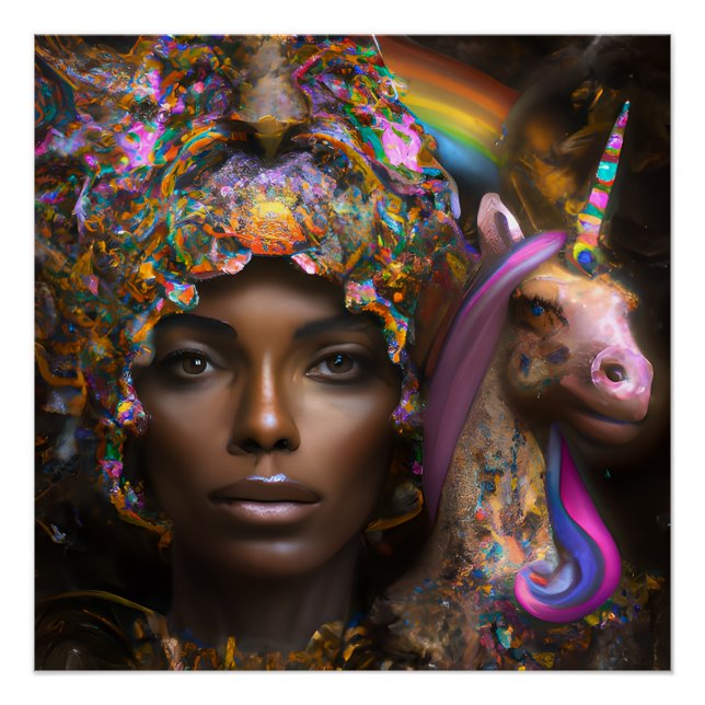 Black Unicorn Melanin Unicorns Afro Queen Crown Poster (Front)