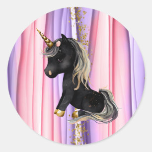 Black Unicorn Pink Ears Classic Round Sticker