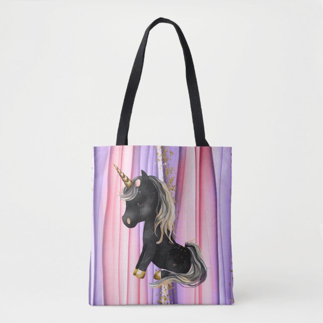 Black Unicorn Pink Ears Tote Bag (Front)