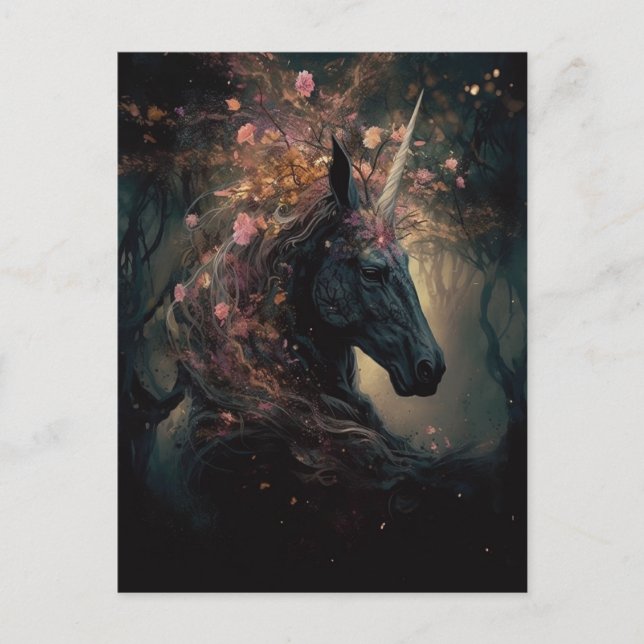 Black Unicorn Pink Flowers Postcard (Front)