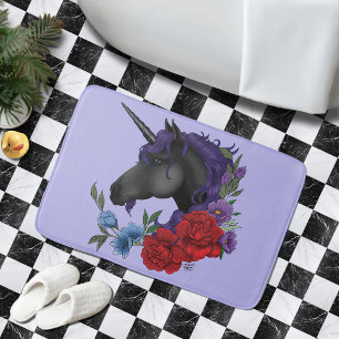 Black Unicorn Purple Midnight Garden Flowers Bath Mat