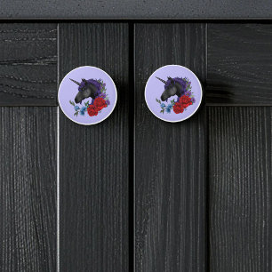 Black Unicorn Purple Midnight Garden Flowers Ceramic Knob