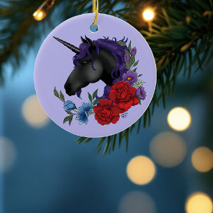 Black Unicorn Purple Midnight Garden Flowers Ceramic Tree Decoration