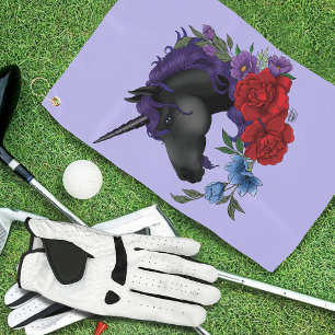 Black Unicorn Purple Midnight Garden Flowers Golf Towel