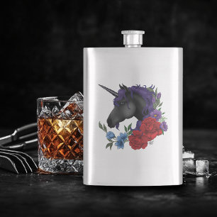 Black Unicorn Purple Midnight Garden Flowers Hip Flask