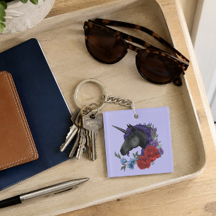 Black Unicorn Purple Midnight Garden Flowers Key Ring