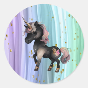 Black Unicorn Purple Pink Tail Classic Round Sticker