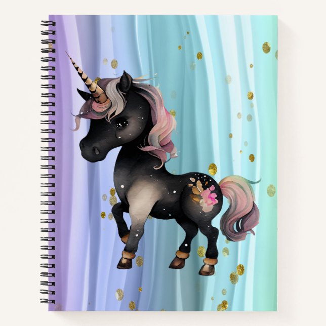 Black Unicorn Purple Pink Tail Notebook (Front)