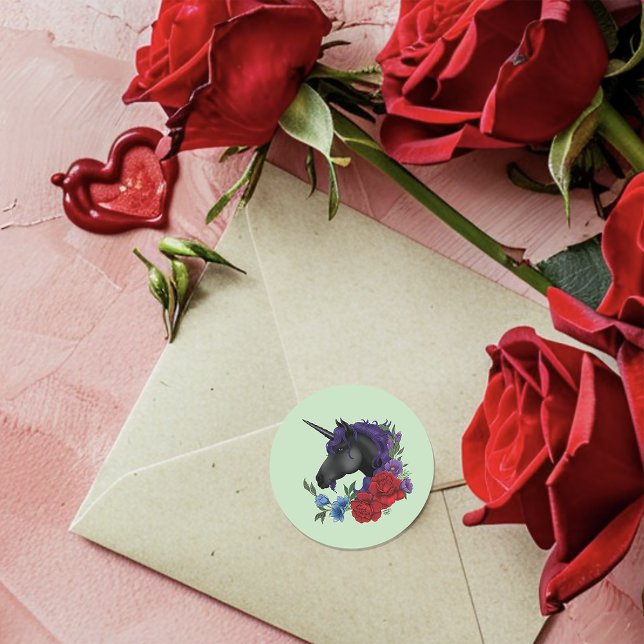 Black Unicorn Purple Red Flowers Classic Round Sticker (Creator Uploaded)