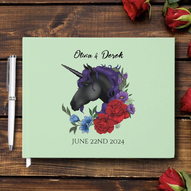 Black Unicorn Purple Red Sage Flowers Guest Book (Creator Uploaded)