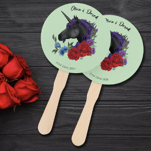 Black Unicorn Purple Red Sage Flowers Hand Fan