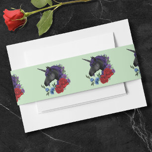 Black Unicorn Purple Red Sage Flowers Invitation Belly Band