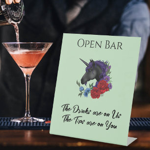 Black Unicorn Purple Red Sage Flowers Open Bar  Pedestal Sign