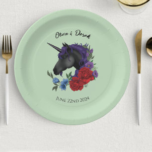 Black Unicorn Purple Red Sage Flowers Paper Plate