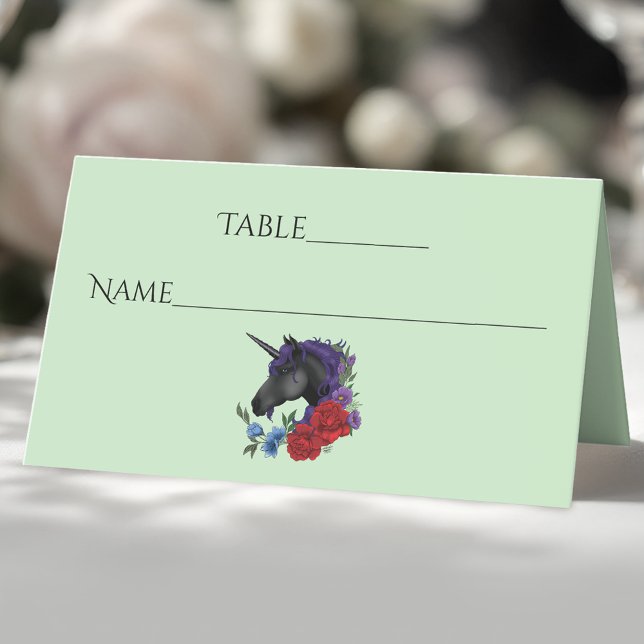 Black Unicorn Purple Red Sage Flowers Place Card (Creator Uploaded)