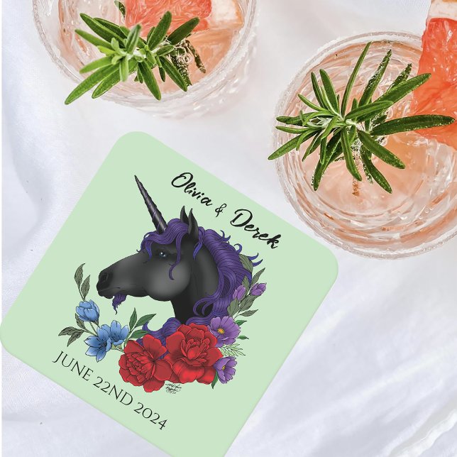 Black Unicorn Purple Red Sage Flowers Square Paper Coaster (Creator Uploaded)