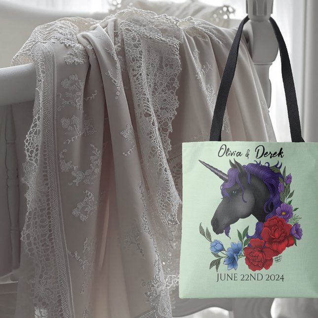 Black Unicorn Purple Red Sage Flowers Tote Bag (Creator Uploaded)