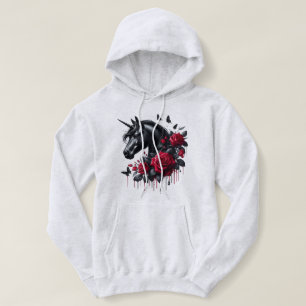 Black Unicorn Surrounded by Vibrant Red Roses Hoodie