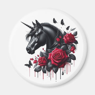 Black Unicorn Surrounded by Vibrant Red Roses Magnet